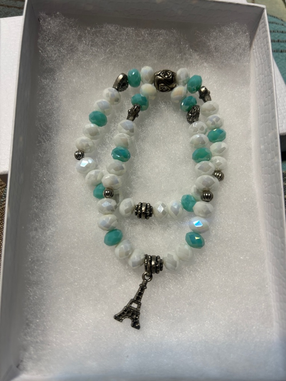 White and Aqua Beaded Bracelet with Eiffel Tower Charm